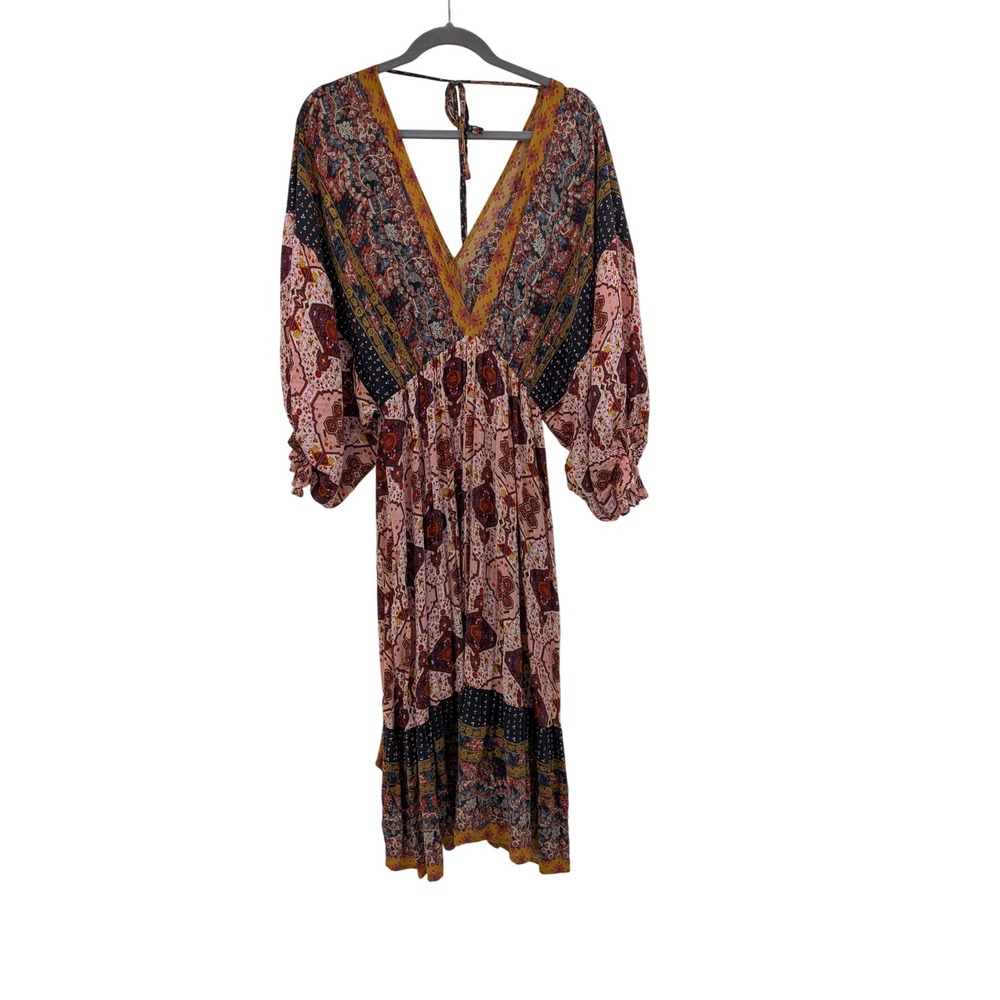 Boho Western Babydoll Umgee Patchwork Pink Multi Balloon Sleeve L Midi Dress - Picture 2 of 10
